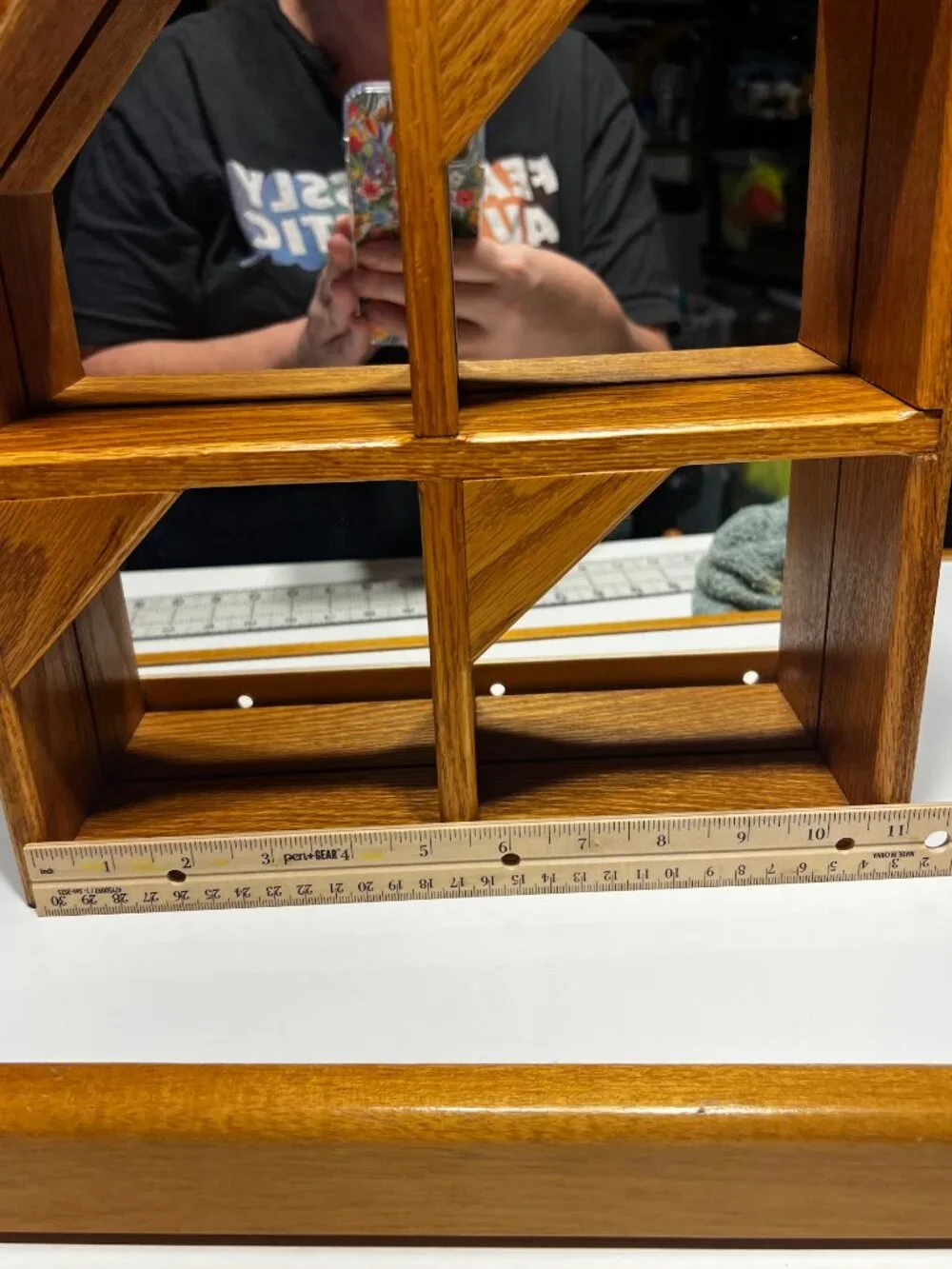 Vintage Geometric Wood Mirror Shadow Box Shelf